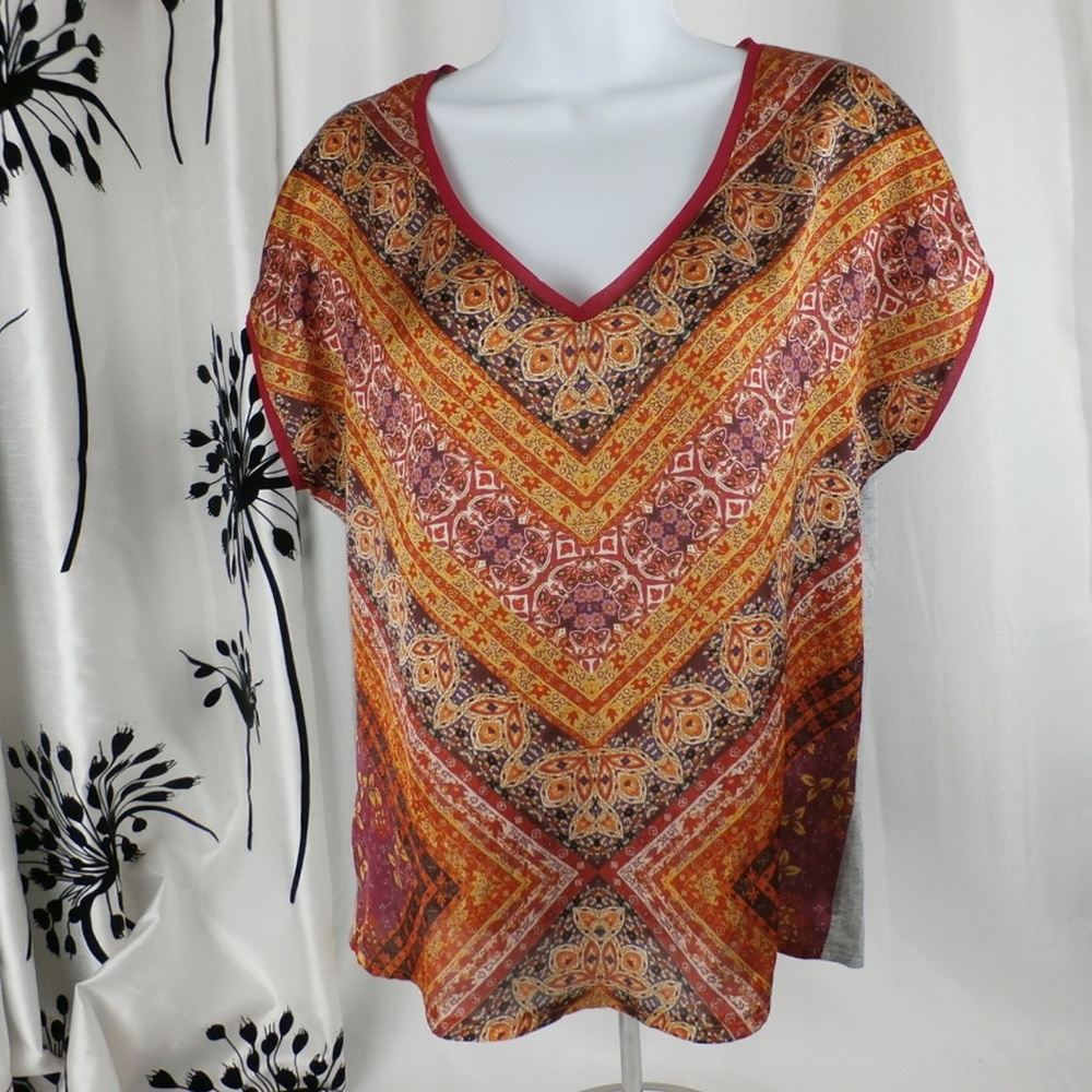 Promod V neck Abstract Print Cap Sleeve top S